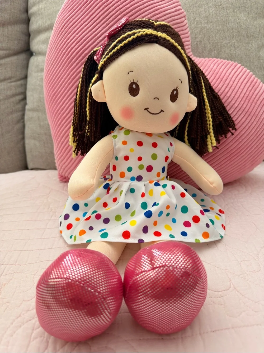 Plush Polka Dot Girl Doll - Pink Bow and Shoes